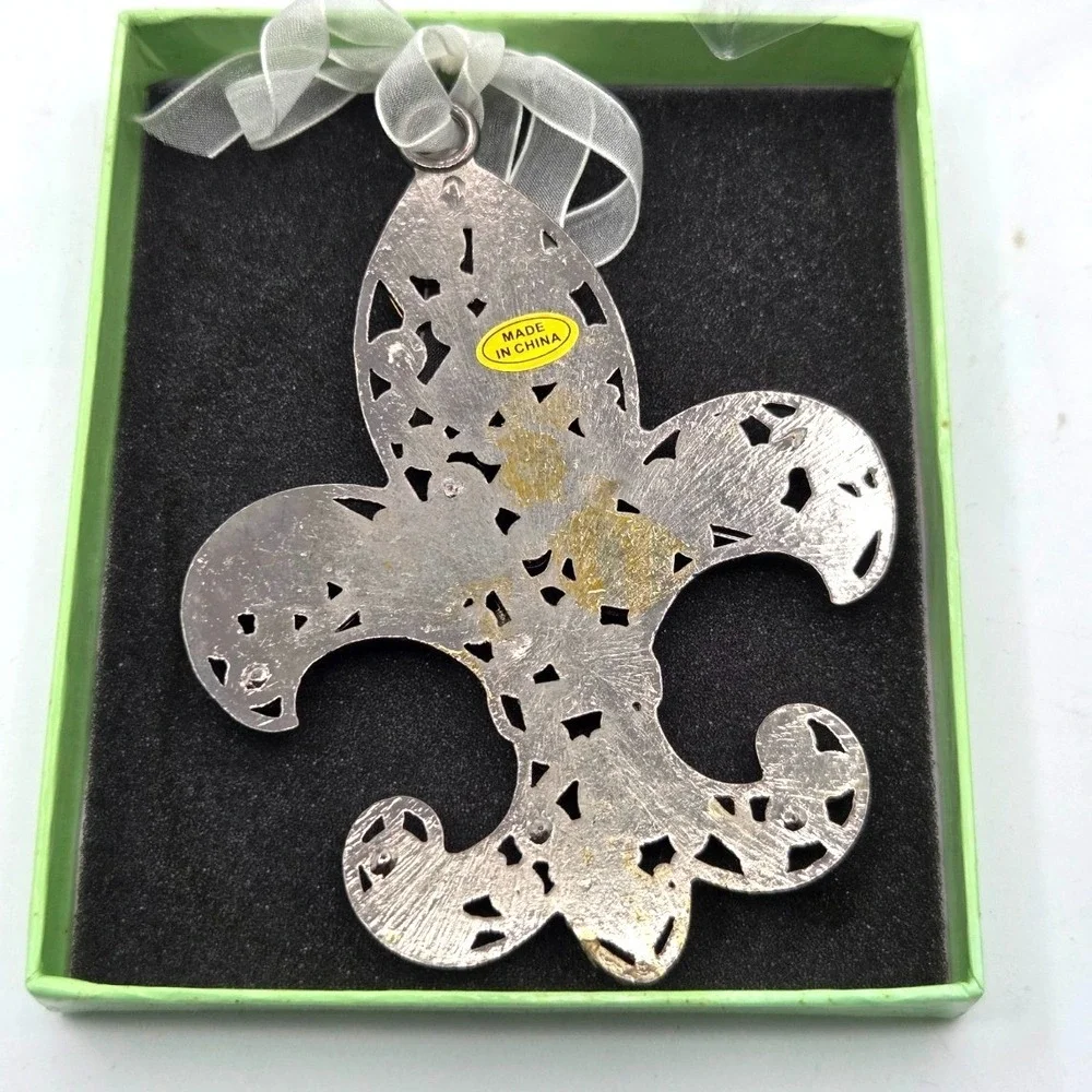 STUNNING Fleur De Lis Christmas Ornament Metal with Red and Gold Stones